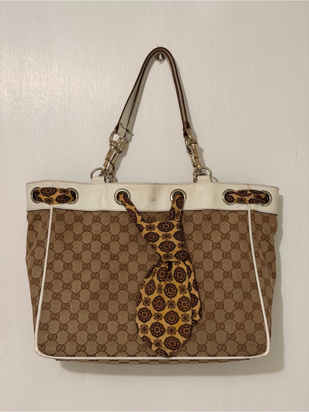 Authentic Vintage Gucci Positano Beige GG Canvas Tote with White Trim